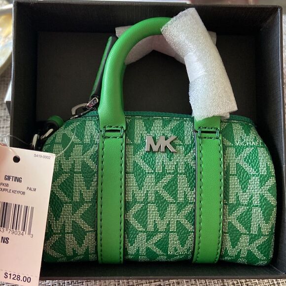 MICHAEL KORS Gifting Micro Duffle Keyfob MK Logo Signature Green Palm NWT - Picture 1 of 7